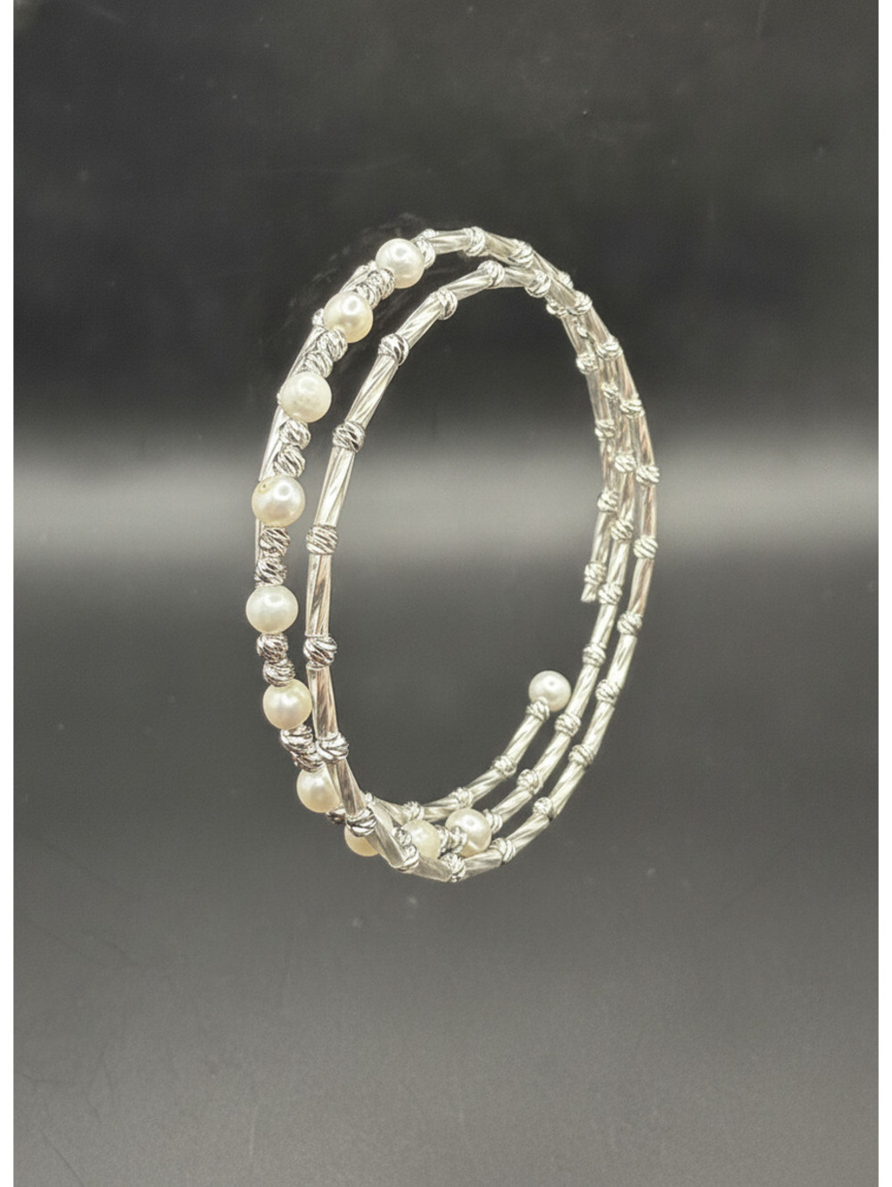 candy+clover triple row freshwater pearl wrap silver tone bracelet